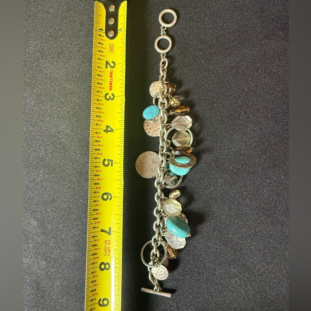 Silver Charm Bracelet with Turquoise and Amber Accents - Women's Jewelry - Picture 3 of 4